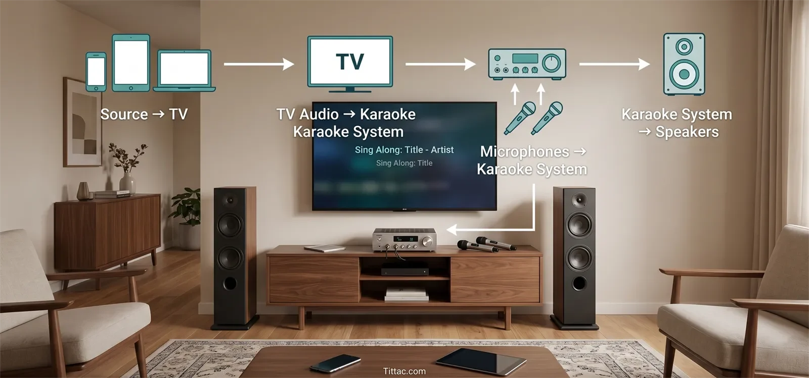 Home karaoke setup checklist showing music first, one microphone first, mic level, light echo, and feedback check.