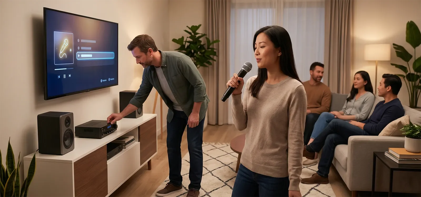 Người dùng karaoke tại nhà đang chỉnh nhạc và micro theo đúng đường đi tín hiệu của hệ thống.