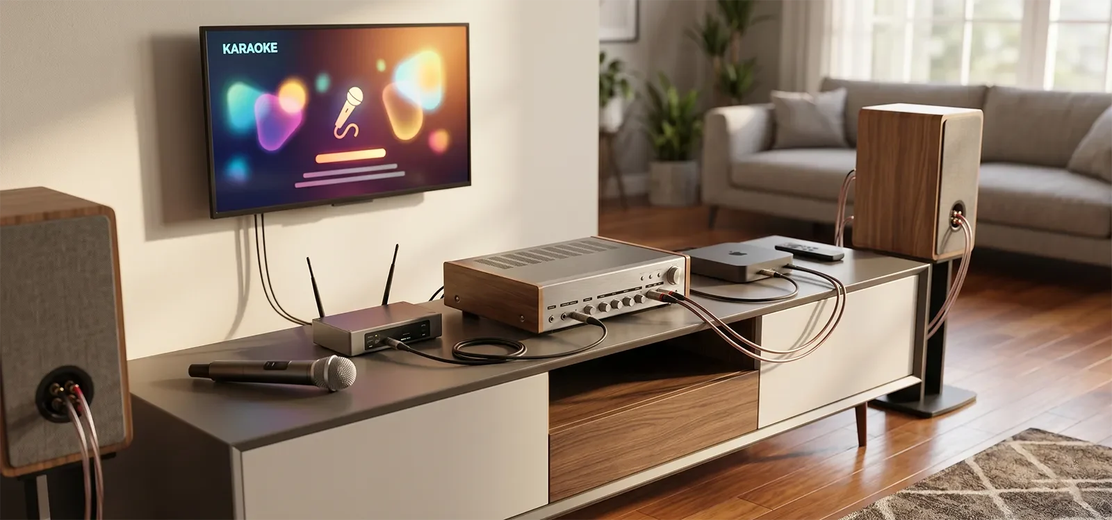 Dàn karaoke gia đình với TV, đầu thu micro, mixer, ampli và loa trong phòng khách gọn gàng.