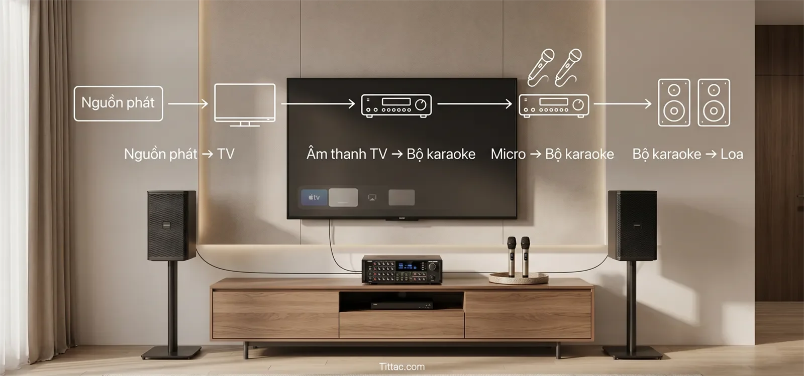 Sơ đồ đường tín hiệu karaoke tại nhà cho thấy nguồn phát vào TV, âm thanh TV vào bộ karaoke, micro vào bộ karaoke và âm thanh cuối ra loa.
