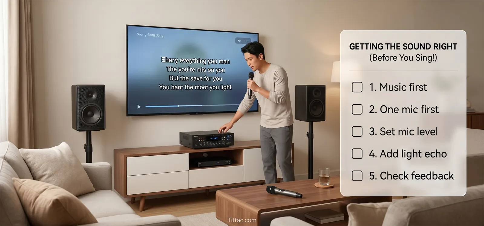 Home karaoke signal path showing source to TV, TV audio to karaoke system, microphones into the karaoke system, and final sound to speakers.