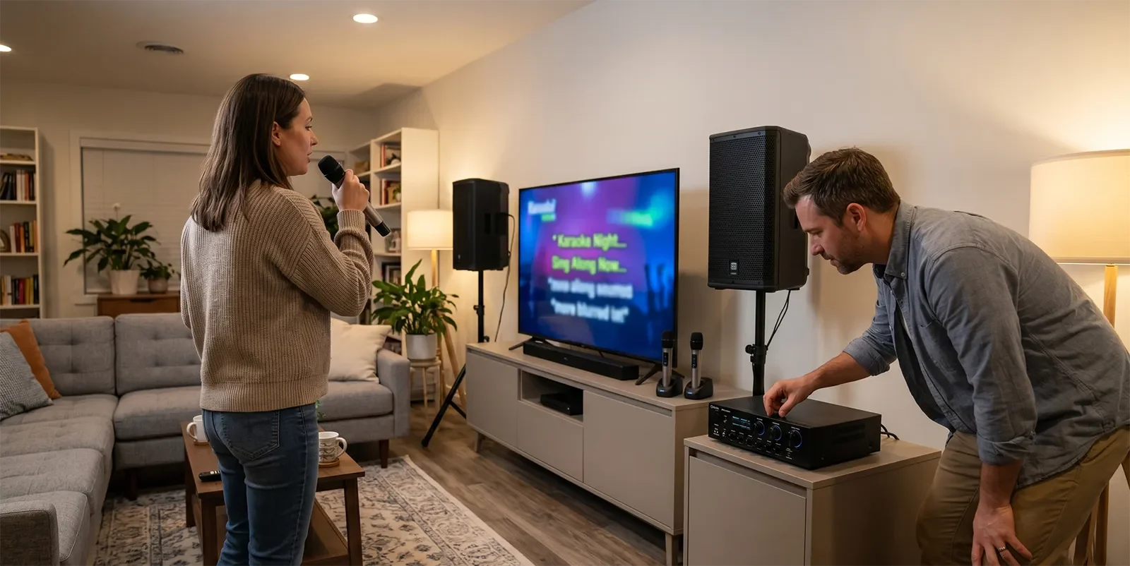 Person adjusting karaoke sound settings while a singer faces the TV
