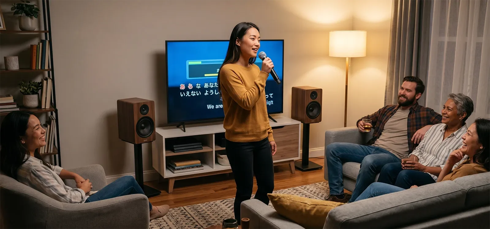 Gia đình hát karaoke tại nhà với loa hỗ trợ vocal rõ hơn và dễ kiểm soát hơn.