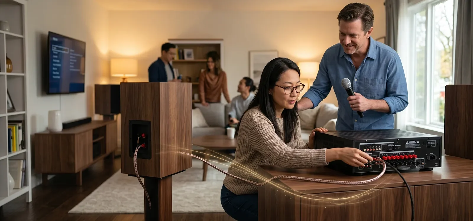 People checking a home karaoke amplifier and speaker connection before matching the system safely.