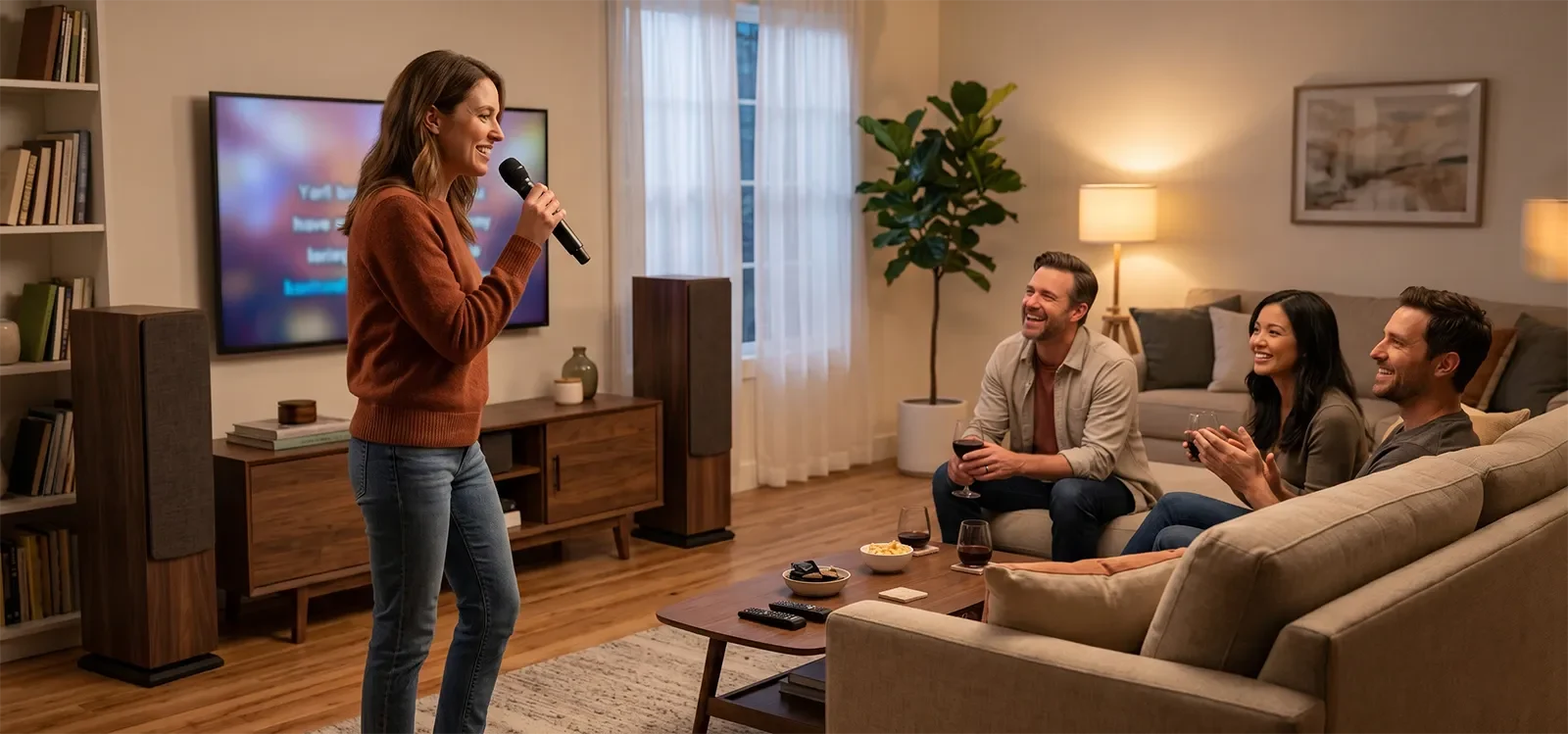 Phòng karaoke gia đình có âm lượng loa thoải mái và giọng hát rõ trong lúc mọi người thư giãn