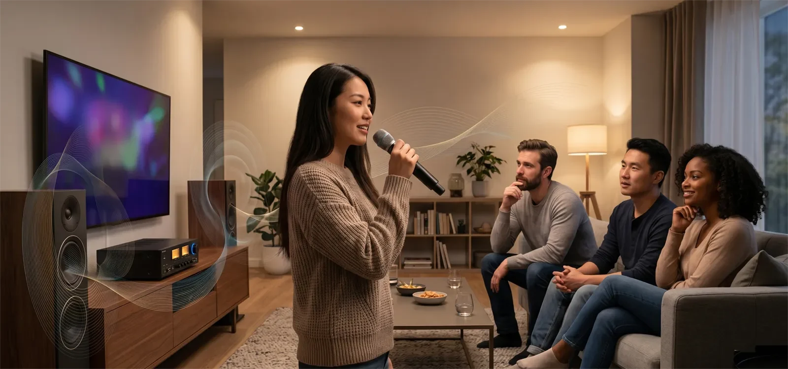 People singing karaoke at home while comparing speaker voicing for vocal clarity and long listening comfort.
