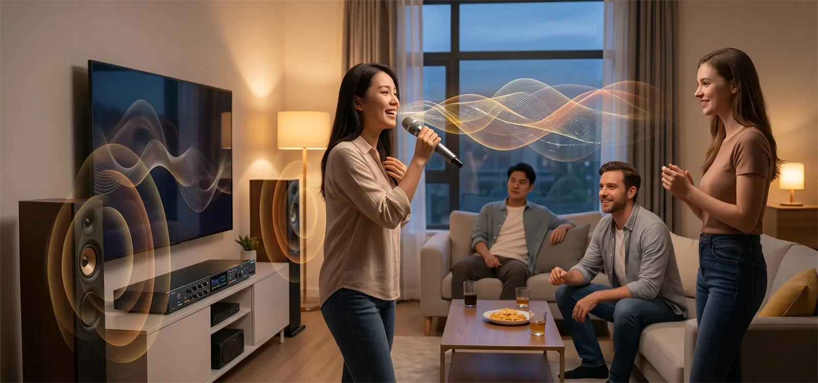Gia đình hát karaoke tại nhà với micro ổn định hơn và giảm nguy cơ hú rít.