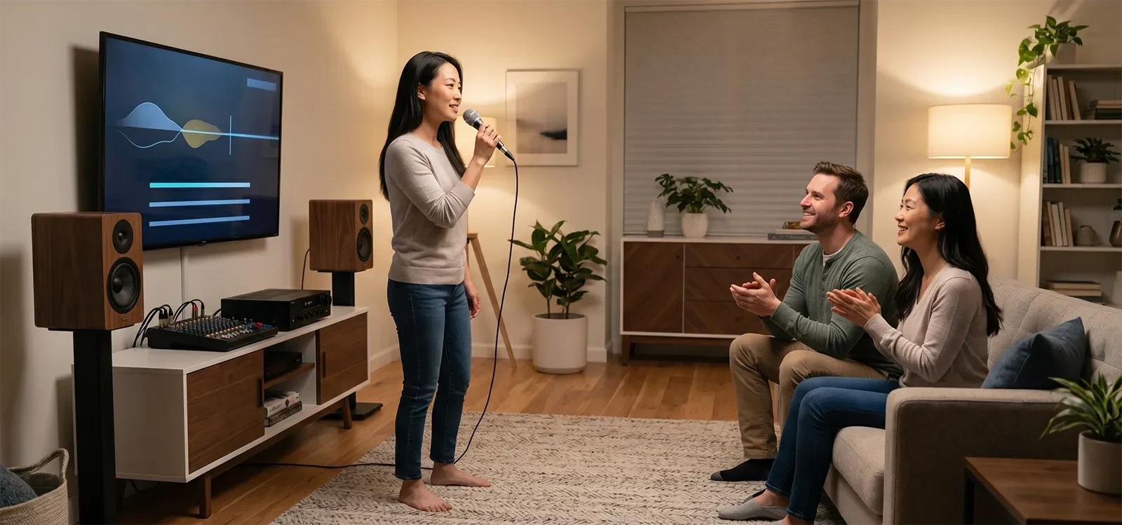 Người hát karaoke tại nhà với giọng hát ổn định, dễ nghe và không bị gắt qua hệ thống loa.