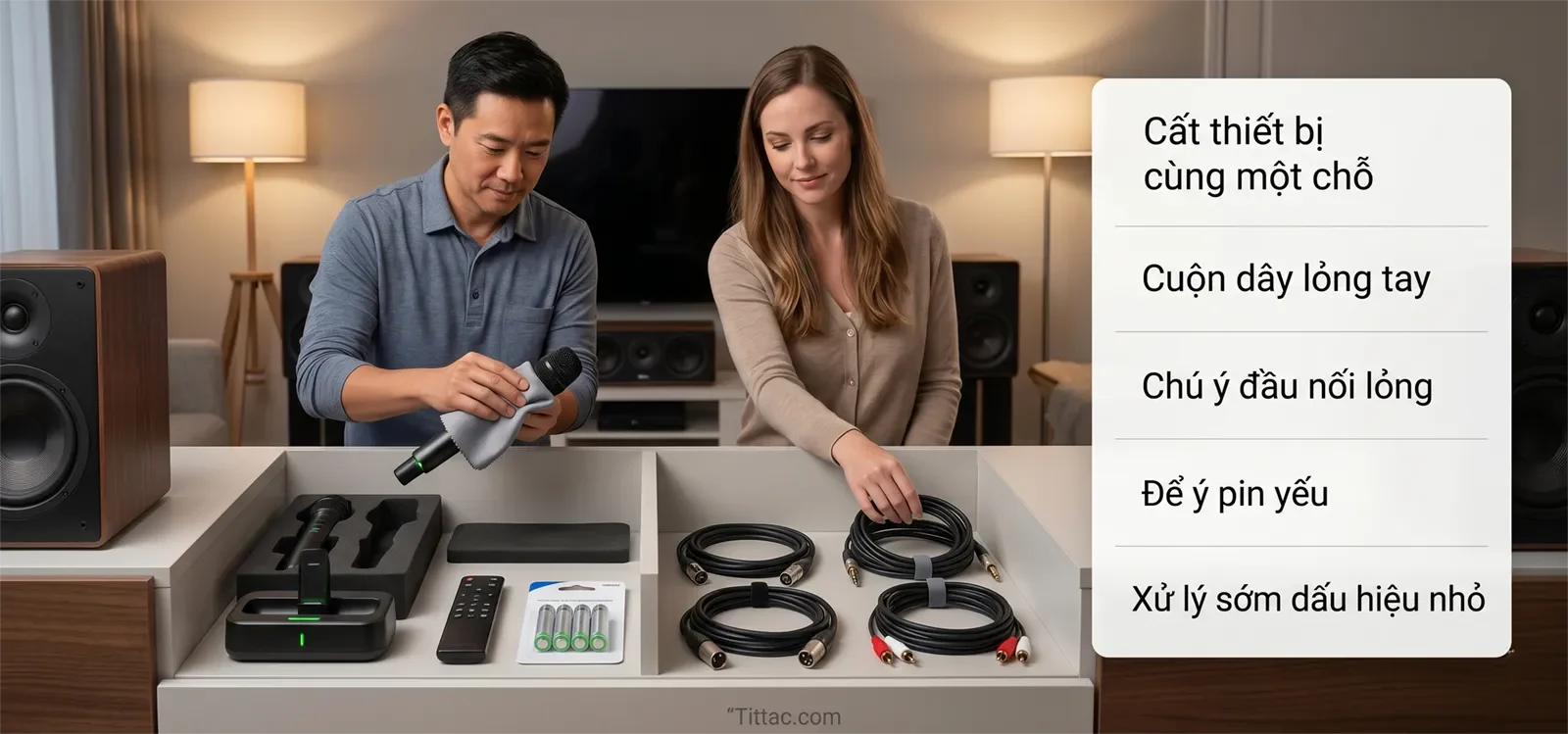 Minh họa thói quen lưu trữ dàn karaoke đúng cách và các dấu hiệu sớm như đầu nối lỏng, pin yếu và dây cần được cuộn gọn.
