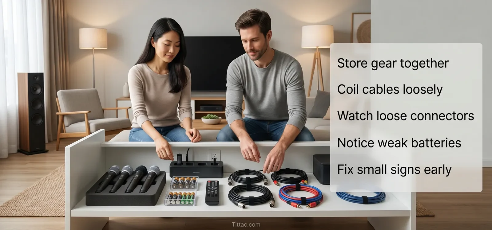 Home karaoke storage and early warning signs checklist showing organized microphones, batteries, chargers, remotes, and loosely coiled cables.