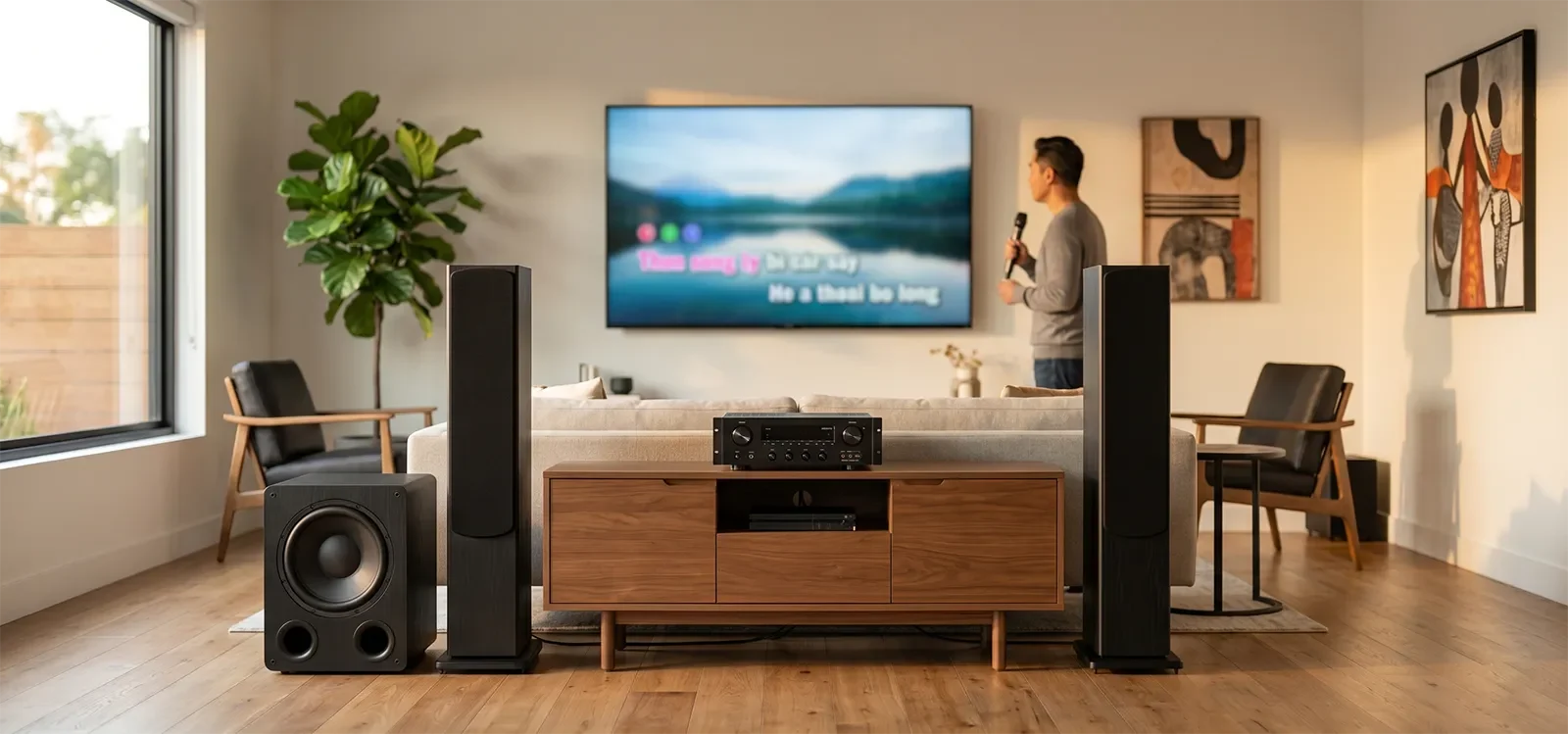 Dàn karaoke gia đình có loa chính và loa sub hỗ trợ bass cân bằng cho giọng hát