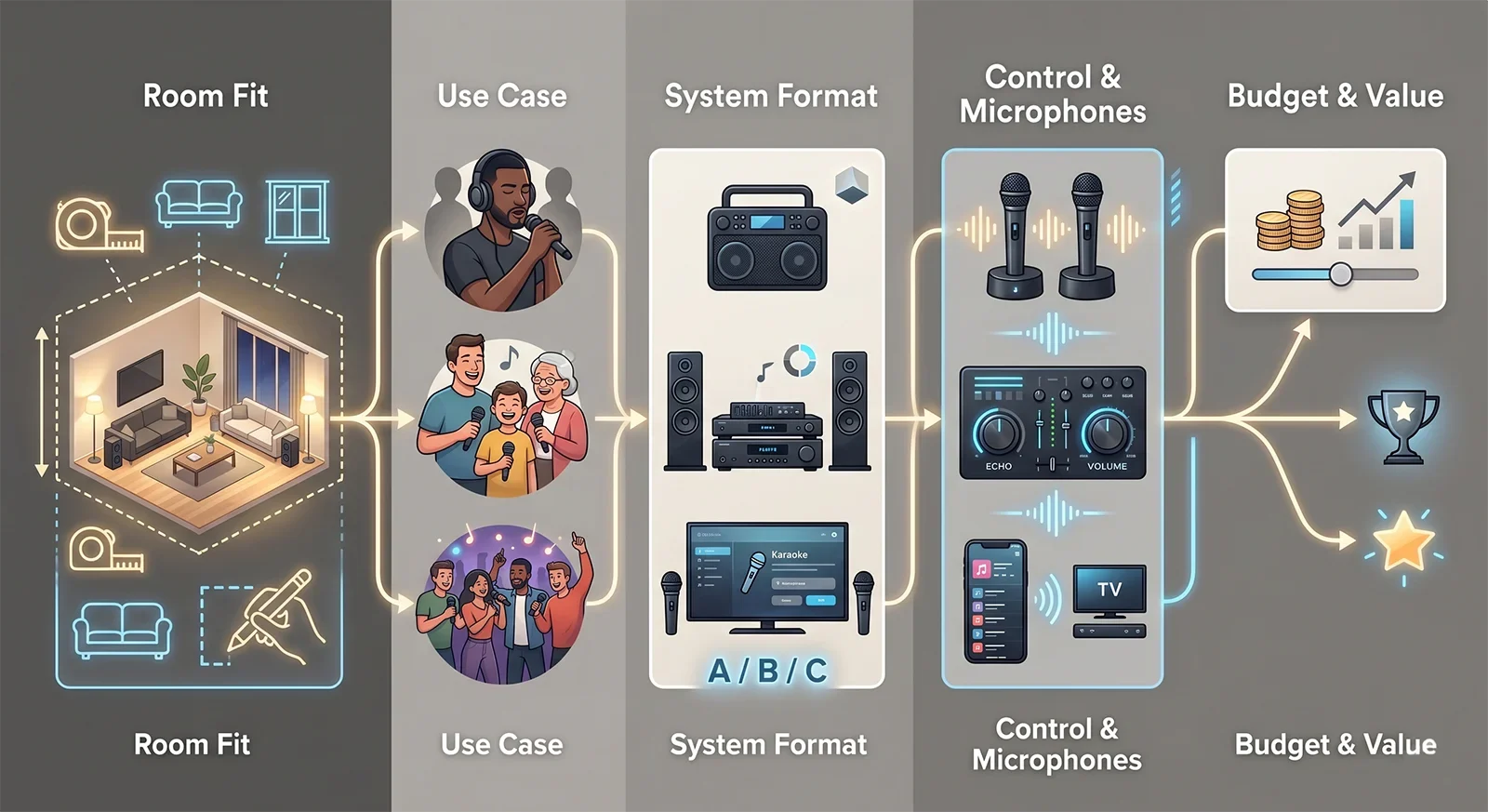 Visual decision framework for choosing a home karaoke system based on room, use case, system format, microphones, and budget.