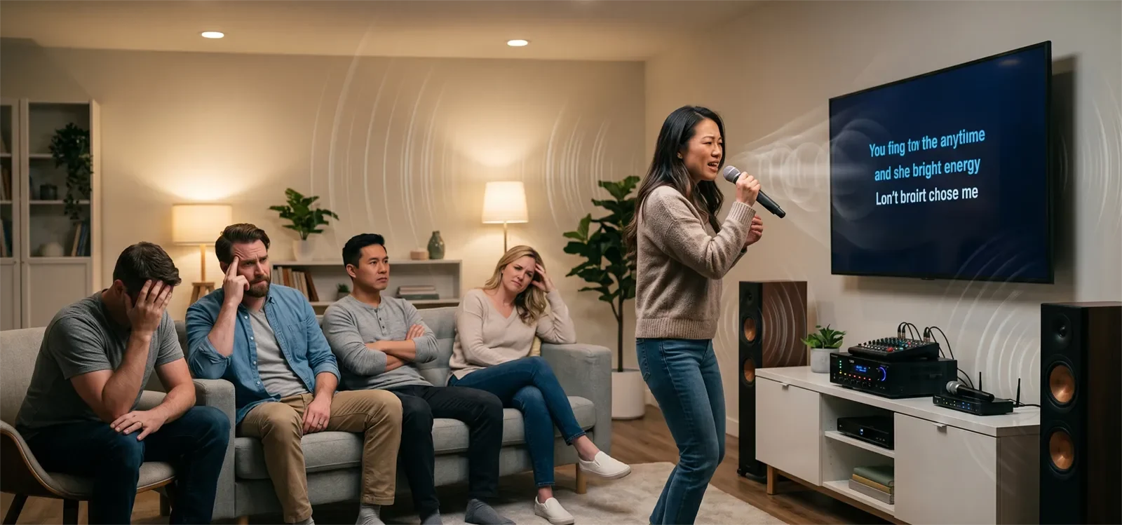People singing karaoke at home while the sound feels sharp, tiring, and uncomfortable even at moderate volume.