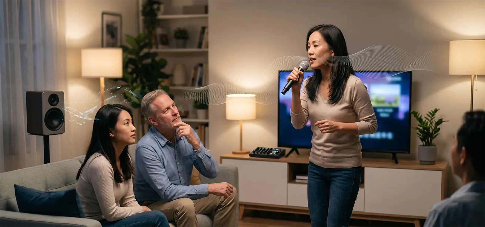 People singing karaoke at home while judging whether treble sounds clear or harsh.