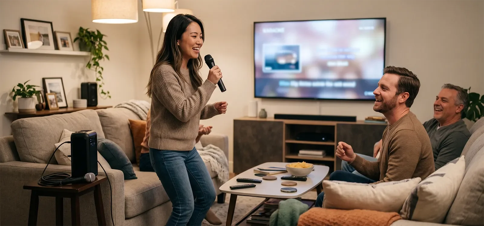 Gia đình sử dụng micro có dây và micro không dây trong một buổi hát karaoke tại nhà.