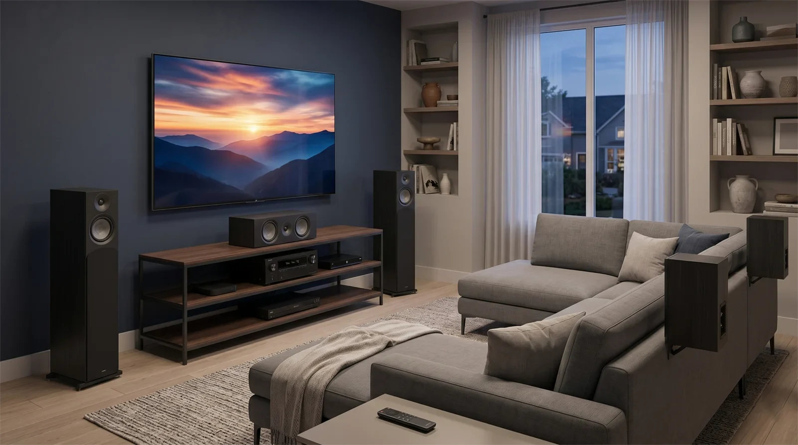 Home theater-first living room setup focused on TV, surround speakers, and cinematic playback instead of live vocals.
