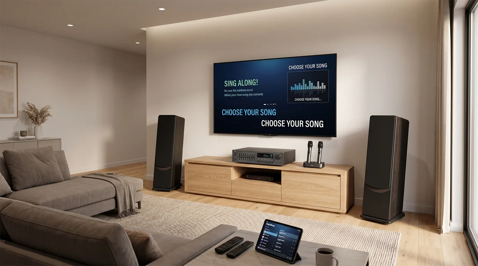 Complete home karaoke system with TV, speakers, amplifier, wireless microphones, and sofa in a modern living room.