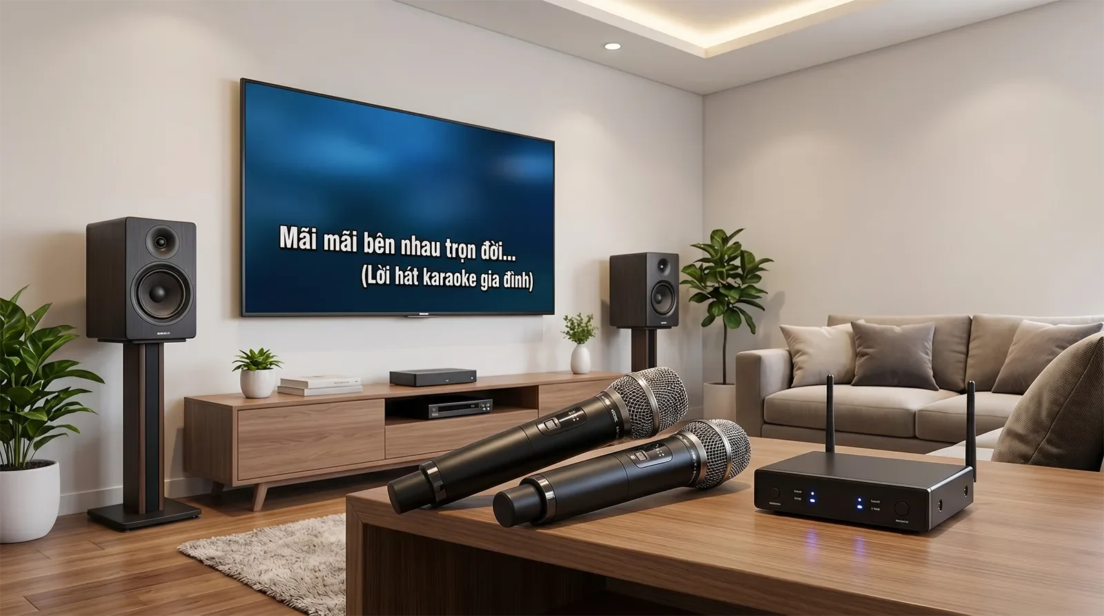 Two wireless karaoke microphones with receiver, speakers, and TV lyrics in a modern home karaoke living room.