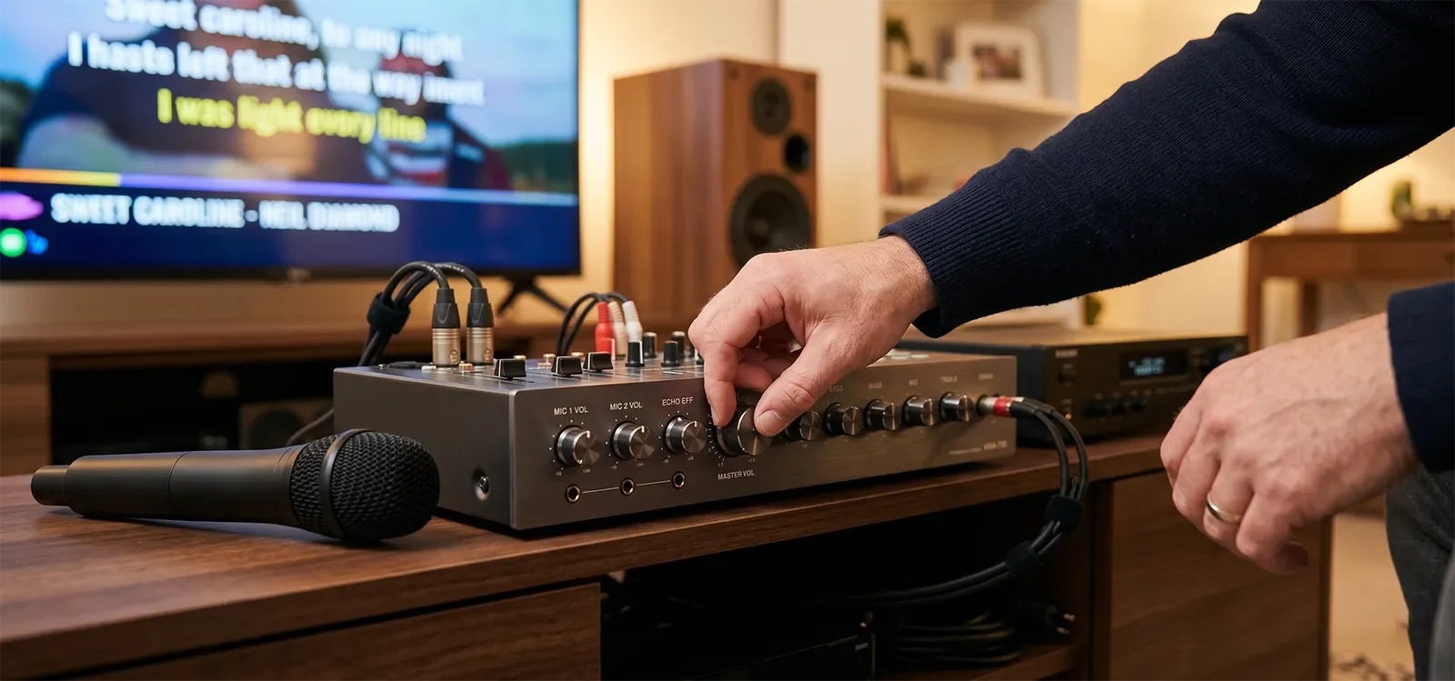 Cận cảnh tay chỉnh amply hoặc mixer karaoke trong bước cân chỉnh baseline