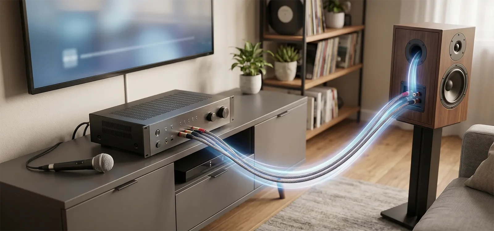 Visual concept of amplifier load and speaker impedance matching in a home karaoke system.