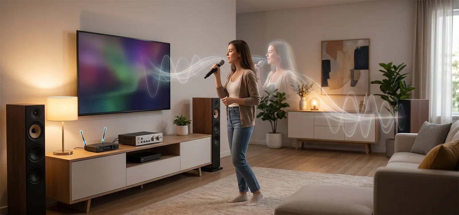 Home karaoke system showing microphone, TV, mixer, and speakers with audio delay concept.
