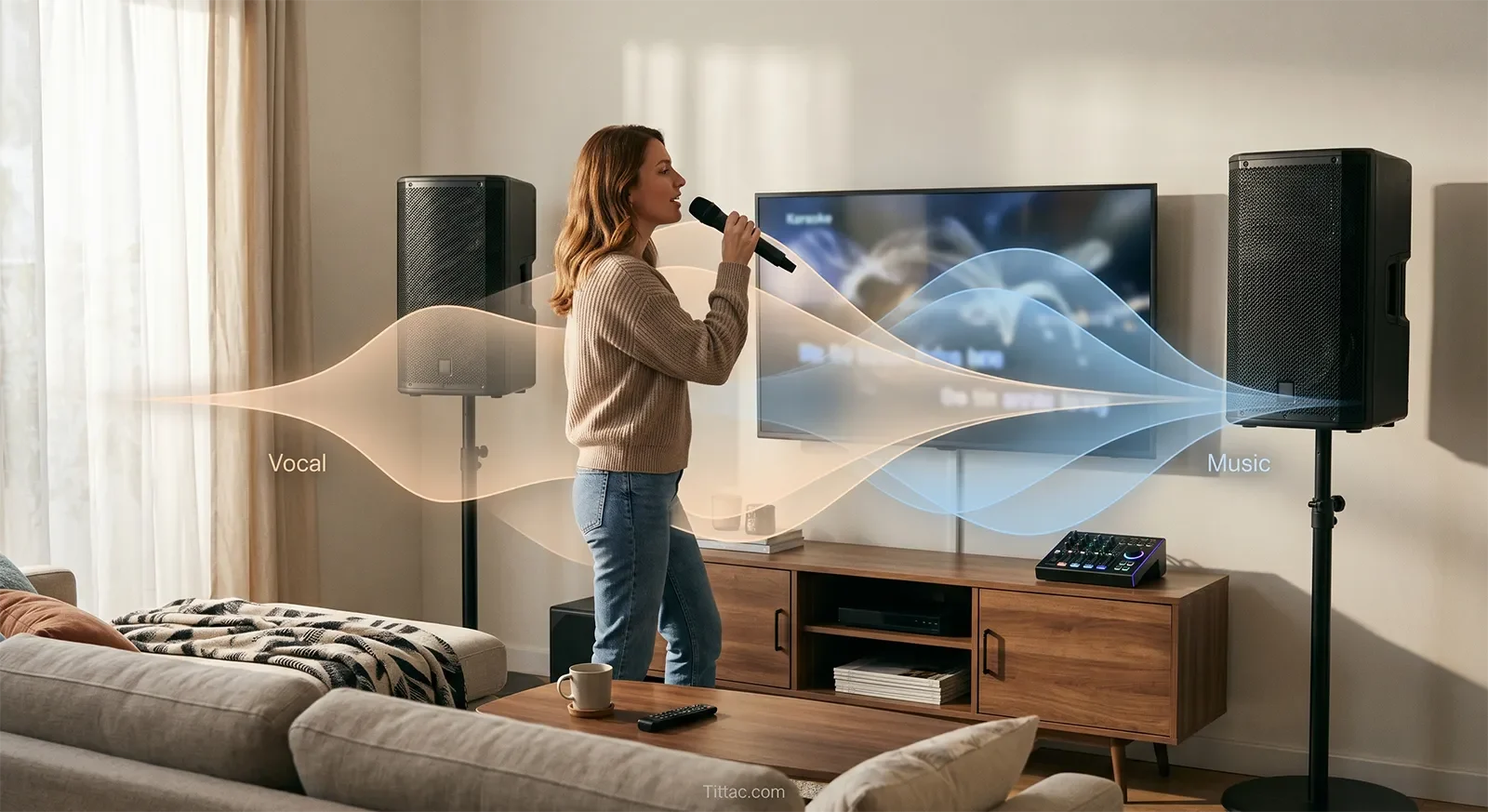 Technical visual showing balanced relationship between karaoke vocals and music in a home room