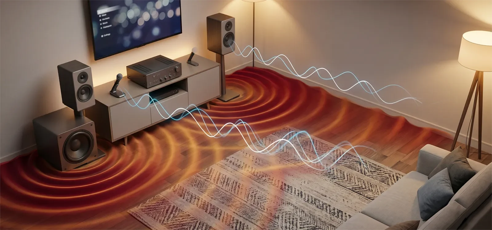 Visual concept of bass masking in karaoke where low-end energy covers vocal clarity.