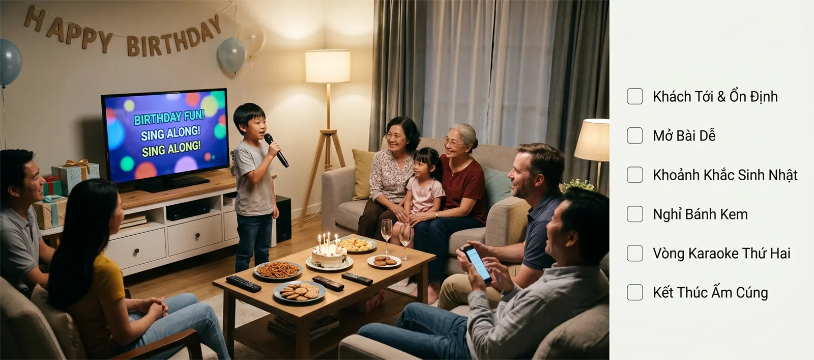 Checklist tiệc sinh nhật karaoke tại nhà từ lúc khách tới, mở bài dễ, khoảnh khắc sinh nhật, nghỉ bánh kem đến kết thúc ấm cúng.