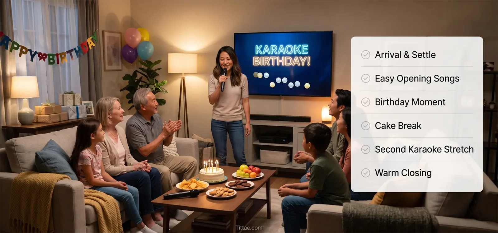 Simple karaoke birthday party checklist from arrival and easy songs to birthday moment, cake break, and warm closing.