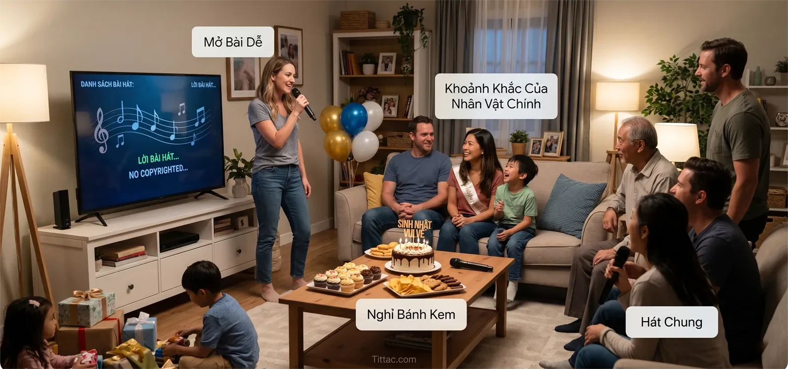 Flow tiệc sinh nhật karaoke tại nhà với mở bài dễ, khoảnh khắc cho nhân vật chính, nghỉ bánh kem và hát chung.