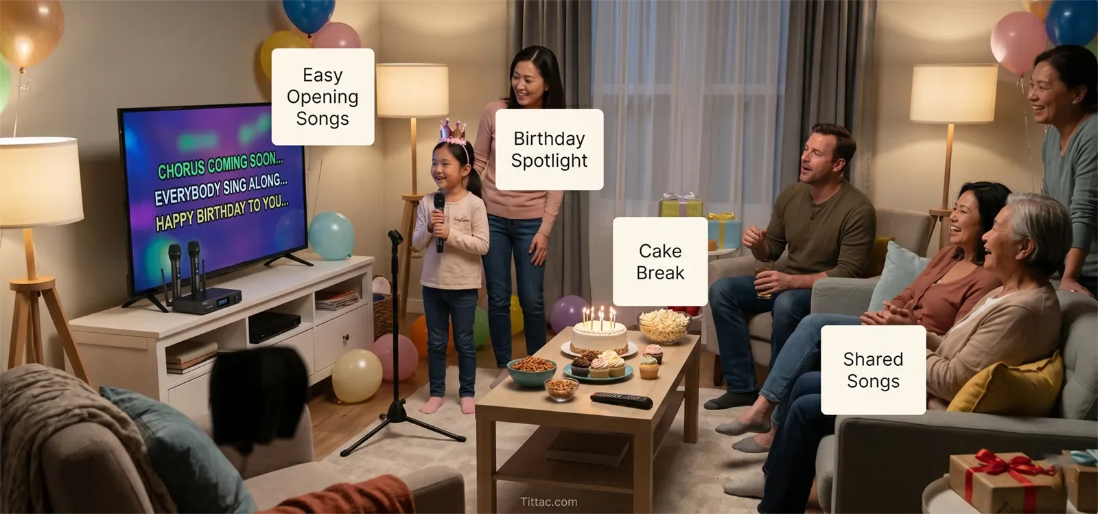 Birthday karaoke party flow showing easy opening songs, birthday spotlight, cake break, and shared songs.