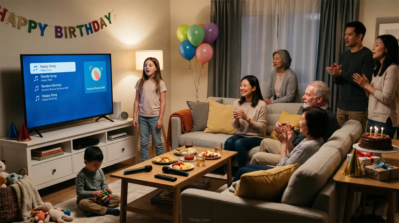 A relaxed birthday karaoke party at home with adults, kids, cake, and family singing in a real living room.