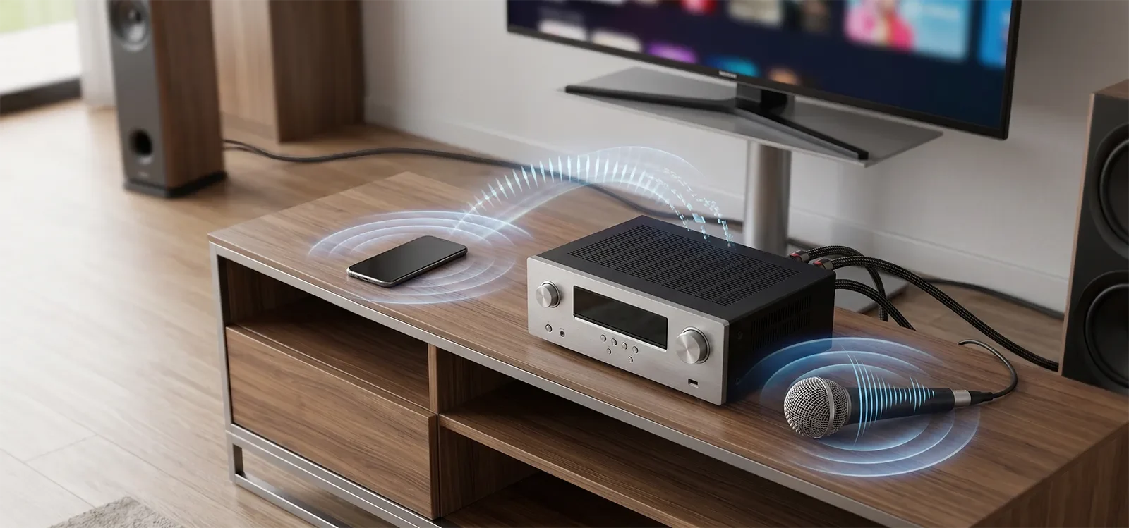 Visual concept of Bluetooth delay in a karaoke signal path between phone, receiver, and speakers.