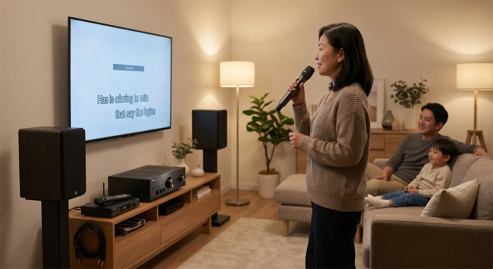 Family home karaoke setup showing clear vocals, balanced speakers, amplifier headroom, and comfortable real-use listening.
