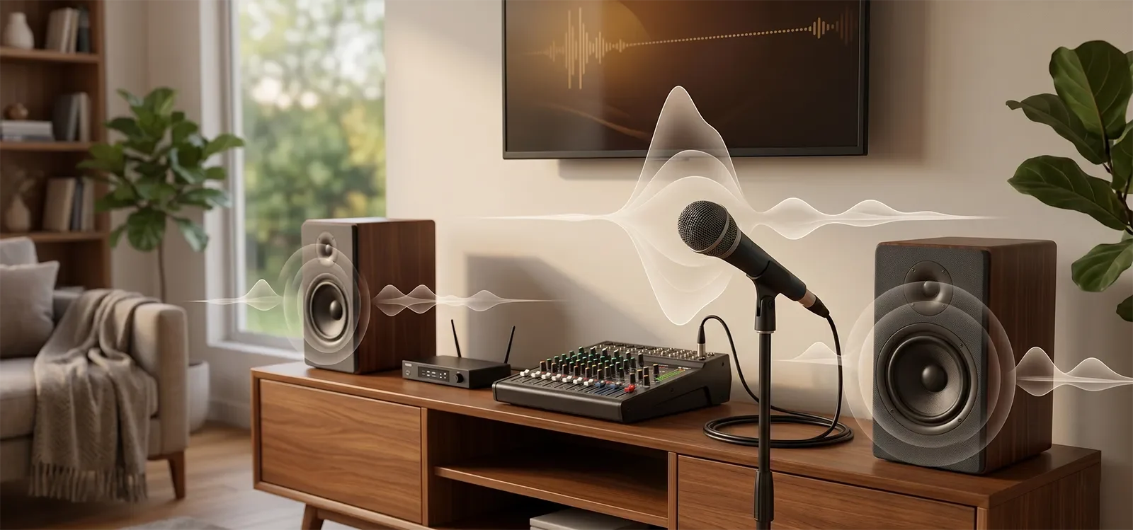 Dàn karaoke gia đình với micro, mixer và loa minh họa compression và limiting cho giọng hát.