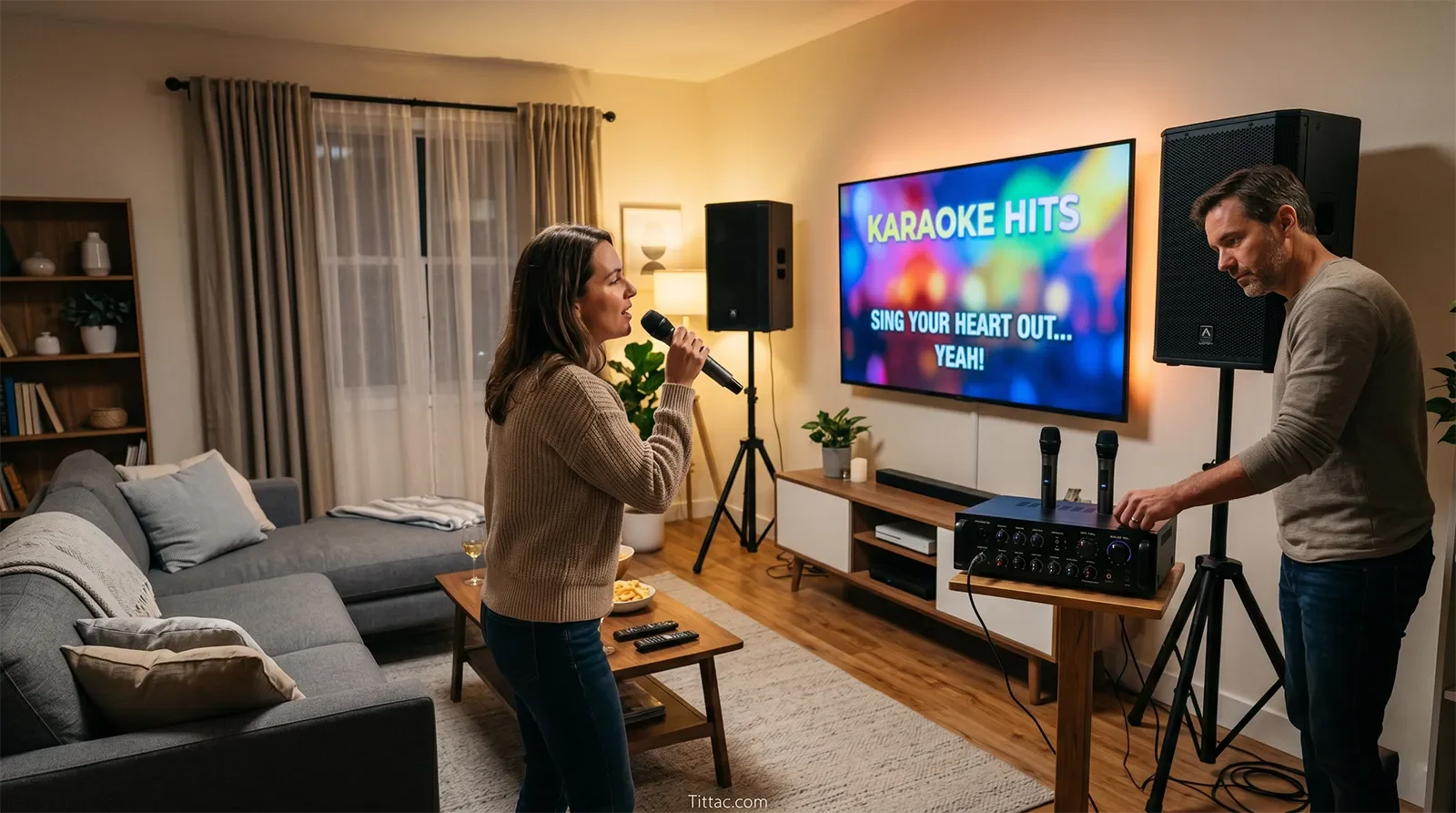 Home karaoke controls for mic volume, music volume, echo, bass, and treble