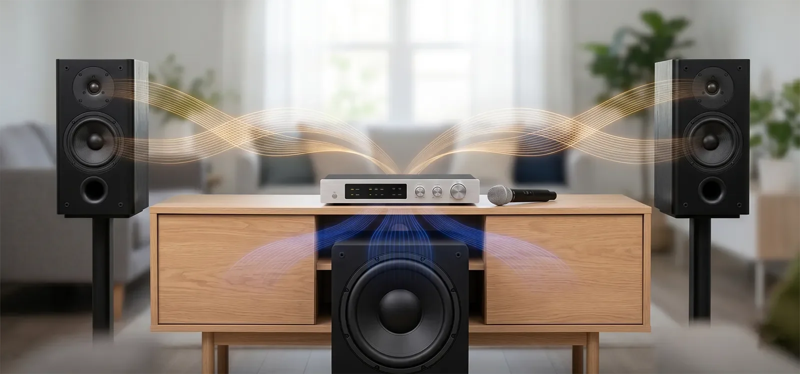 Minh họa crossover chia dải tần để bass đi tới subwoofer và vùng giọng hát đi tới loa chính trong dàn karaoke.