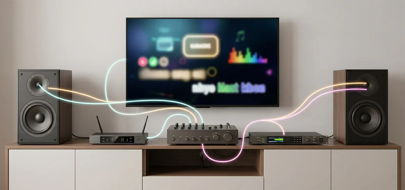 Karaoke signal chain showing how TV, streaming, wireless microphones, DSP, and speakers can add audio delay.