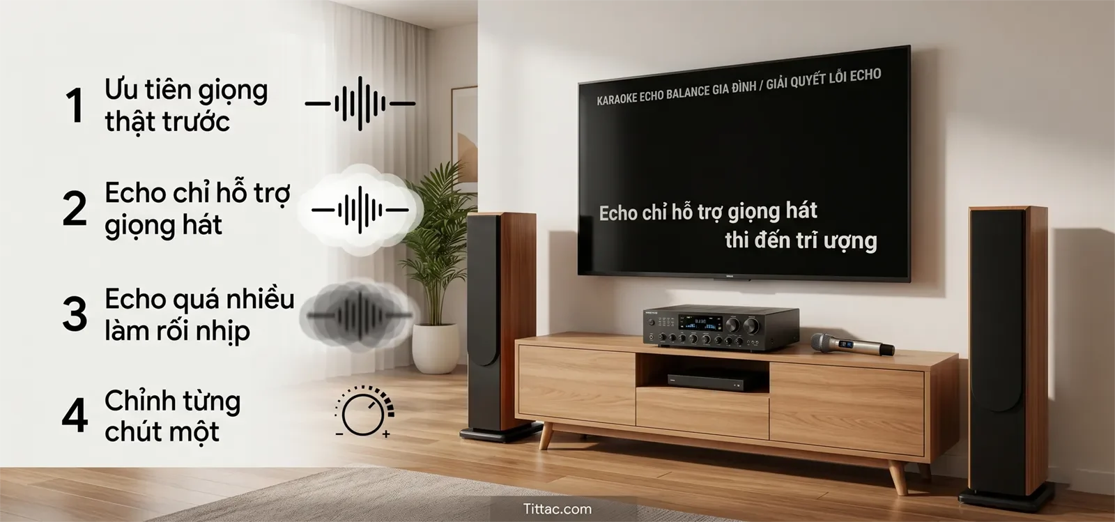 Minh họa cân bằng echo karaoke với giọng thật rõ ràng, echo chỉ hỗ trợ giọng hát, echo quá nhiều làm rối nhịp và nên chỉnh từng chút một.