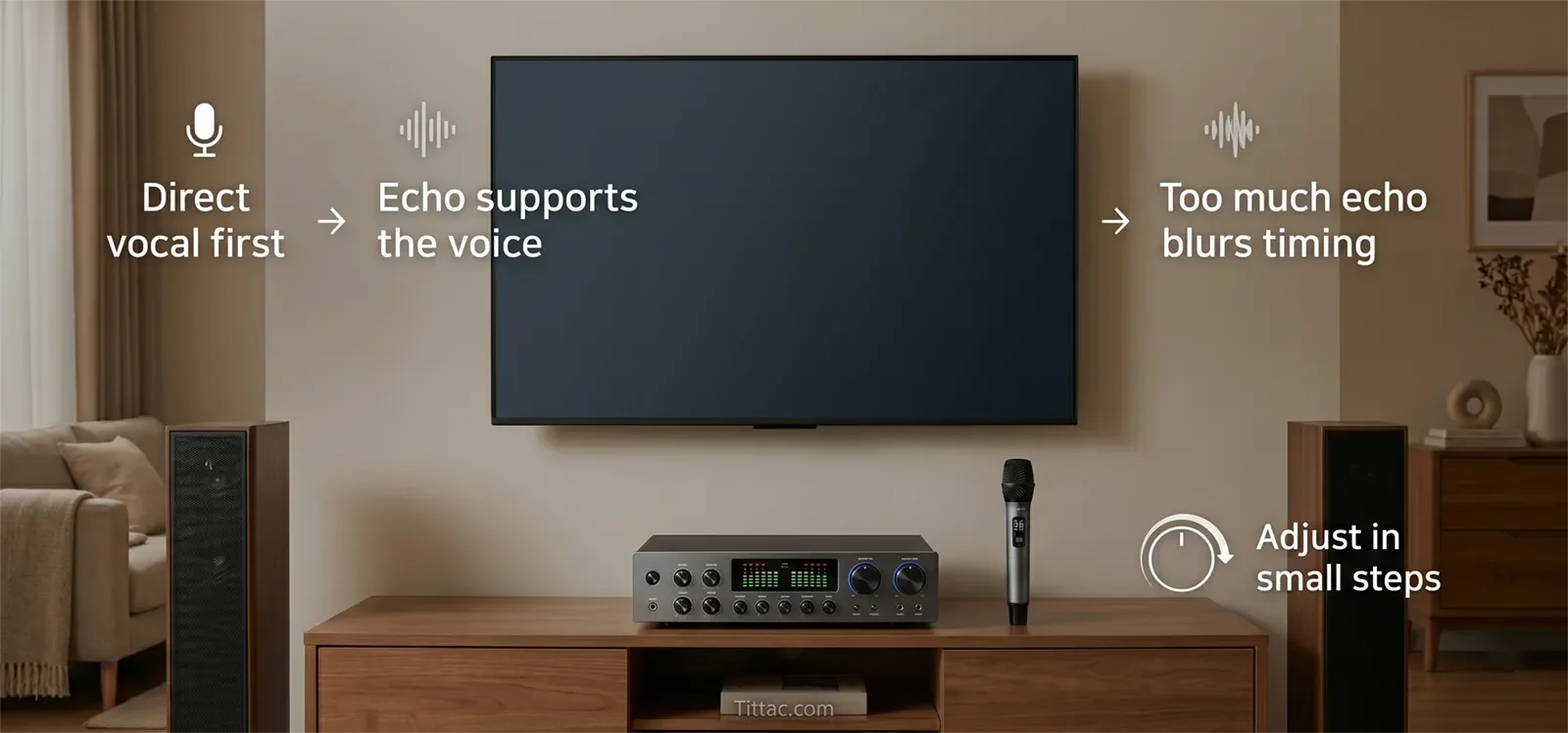 Karaoke echo balance illustration showing direct vocal first, echo supporting the voice, too much echo blurring timing, and adjusting in small steps.