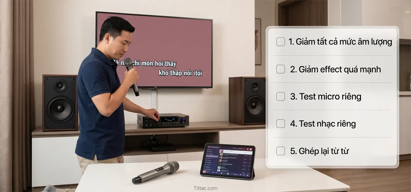 Checklist xử lý âm thanh karaoke bị méo gồm giảm tất cả mức âm lượng, giảm effect quá mạnh, test micro riêng, test nhạc riêng và ghép lại từ từ.
