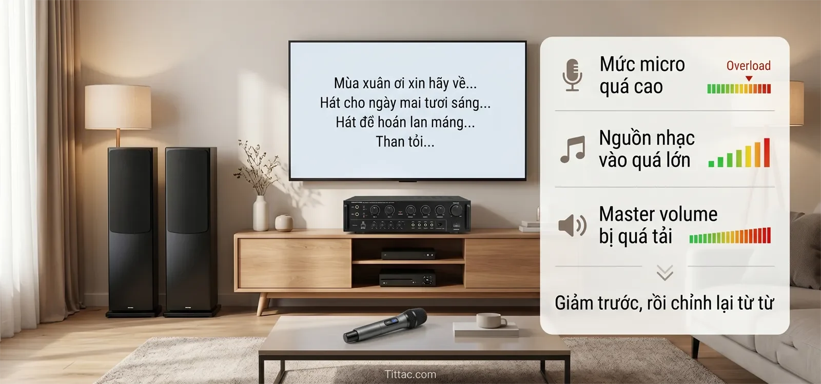 Minh họa âm thanh karaoke bị méo do mức micro quá cao, nguồn nhạc vào quá lớn hoặc master volume bị quá tải, kèm gợi ý giảm trước rồi chỉnh lại từ từ.
