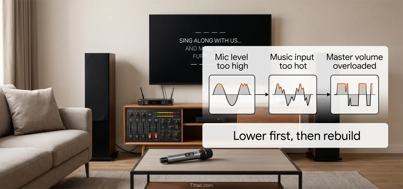 Karaoke distortion level balance diagram showing mic level too high, music input too hot, master volume overloaded, and lowering first before rebuilding the mix.