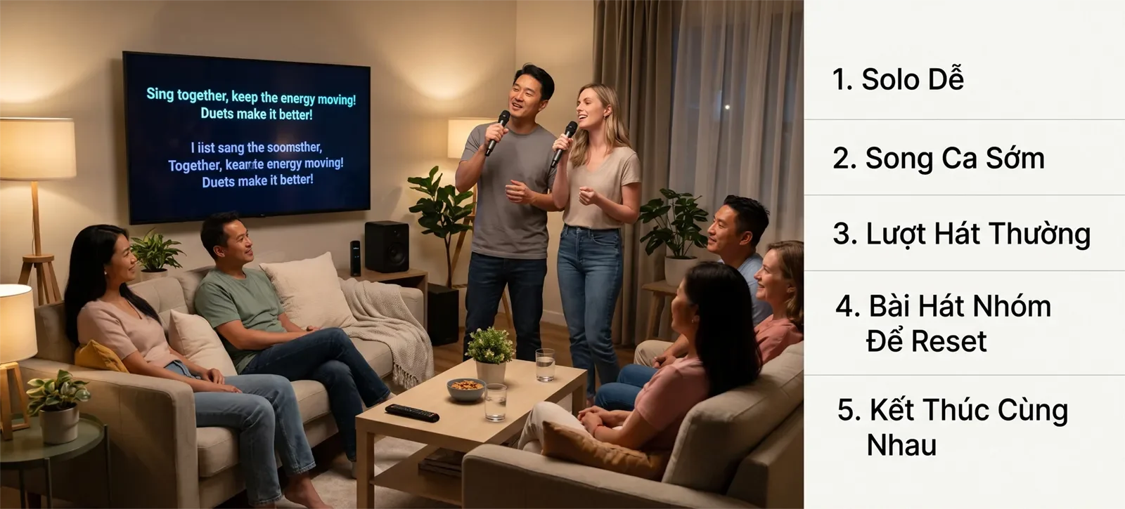 Checklist flow karaoke tại nhà với bài solo dễ, song ca sớm, lượt hát thường, bài hát nhóm để reset và kết thúc cùng nhau.