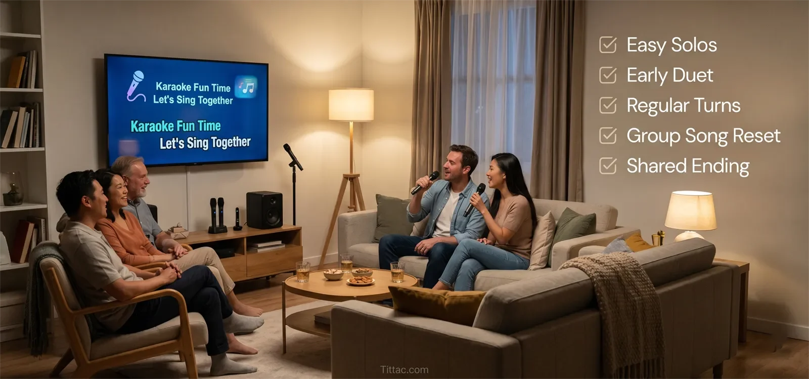 Simple home karaoke party flow using easy solos, early duet, regular turns, group song, and shared ending.