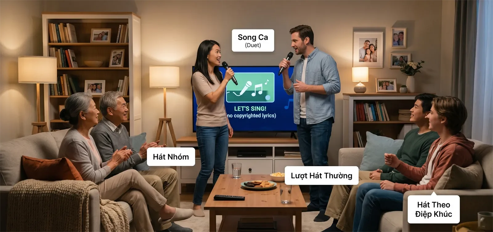 Các lựa chọn flow karaoke tại nhà gồm song ca, hát nhóm, lượt hát thường và hát theo điệp khúc.