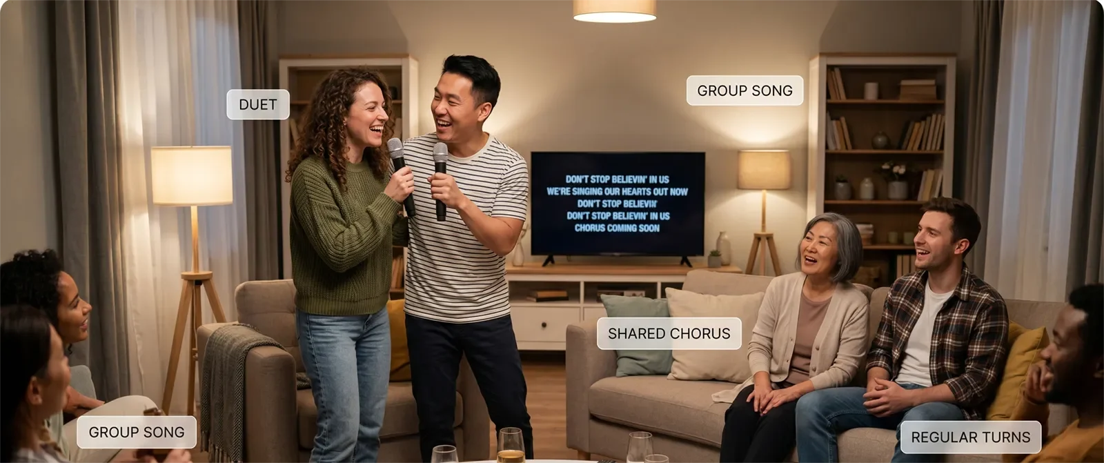 Home karaoke flow options showing when to use duets, group songs, regular turns, and shared choruses.