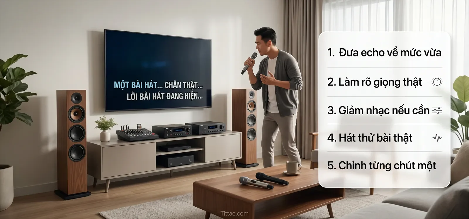 Checklist chỉnh echo karaoke gồm đưa echo về mức vừa, làm rõ giọng thật, giảm nhạc nếu cần, hát thử bài thật và chỉnh từng chút một.