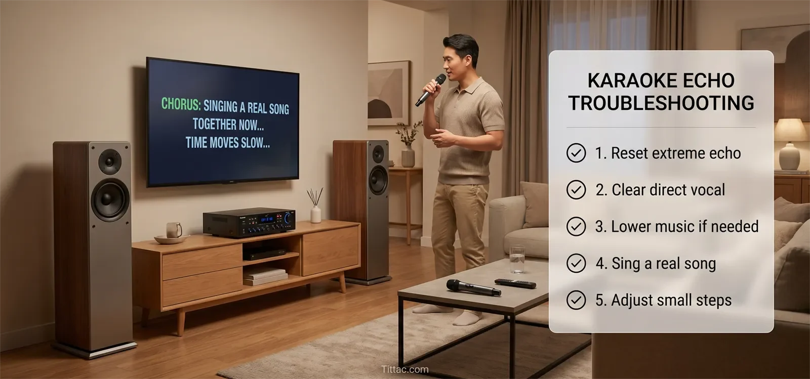 Karaoke echo adjustment checklist showing reset extreme echo, clear direct vocal, lower music if needed, sing a real song, and adjust in small steps.