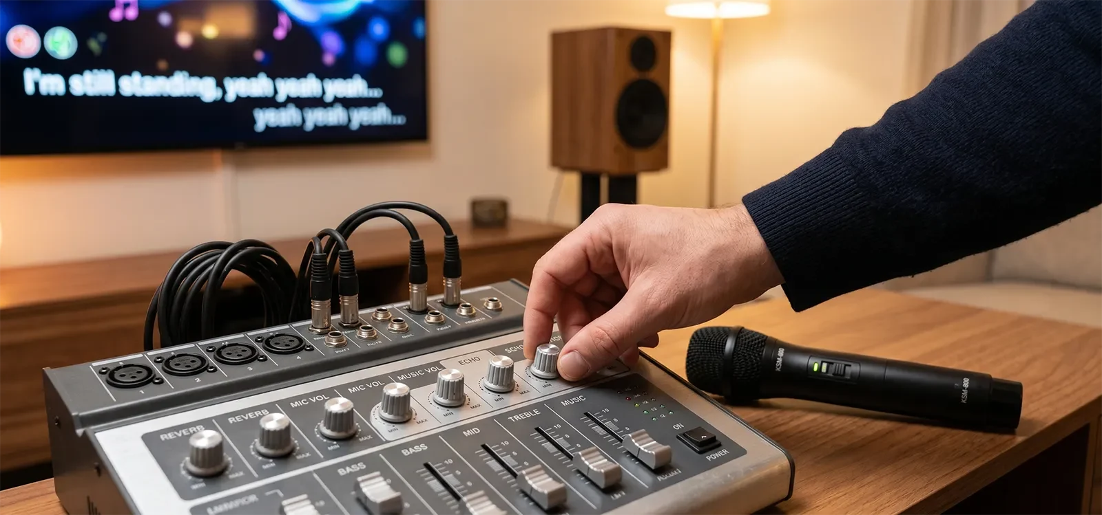 Cận cảnh tay chỉnh echo và reverb trên mixer karaoke để kiểm soát hiệu ứng vocal